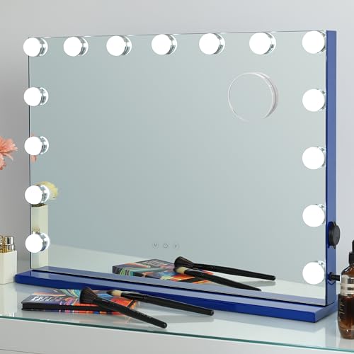 iCREAT Hollywood Schminkspiegel mit 15 dimmbaren Glühbirnen großer 58x46 cm Kosmetikspiegel mit Beleuchtung intelligent Touchscreen-Helligkeitseinstellbar Theaterspiegel Tischspiegel Blau von iCREAT