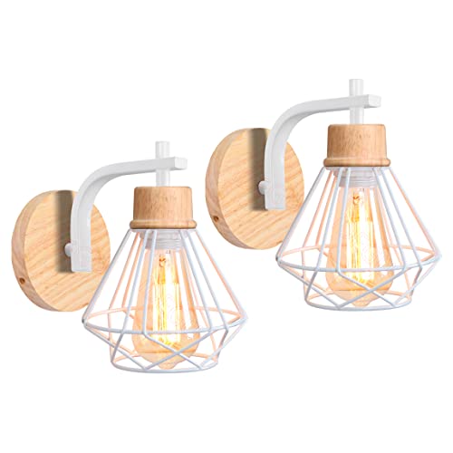 iDEGU 2 Stücke Wandleuchten Industrielle 16cm Vintage Lampe aus Holz und Metall Geometrischem Käfig Design E27 Wandlicht Retro Wandlampe Innen für Schlafzimmer Wohnzimmer Flur Küche (Weiß) von iDEGU