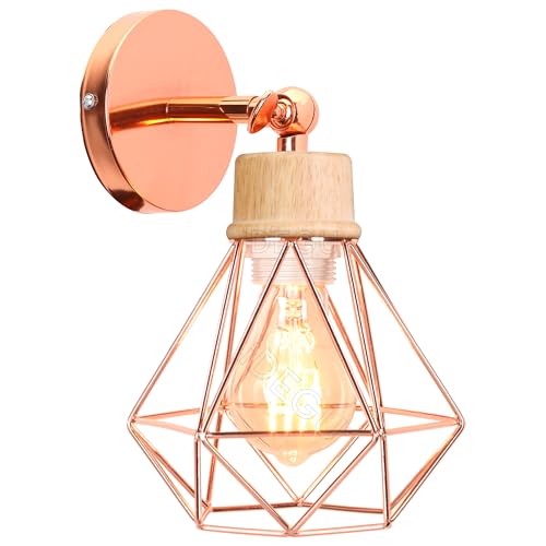 iDEGU Innenwandleuchte, 16 cm, Vintage-Wandleuchte aus Holz, Metall, Käfig-Design, E27, schwenkbare Deckenleuchte, Wandlampe für Kinderzimmer, Wohnzimmer (Holz, Roségold) von iDEGU