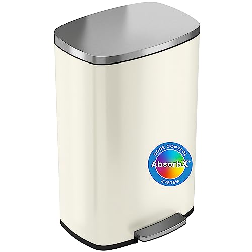 iTouchless SoftStep 13.2 Gallon Stainless Steel Step Pedal Garbage Can with with Odor Control System, 50 Liter Trash Bin for Kitchen, Office, Home - Silent and Gentle Open and Close, Ivory White von iTouchless