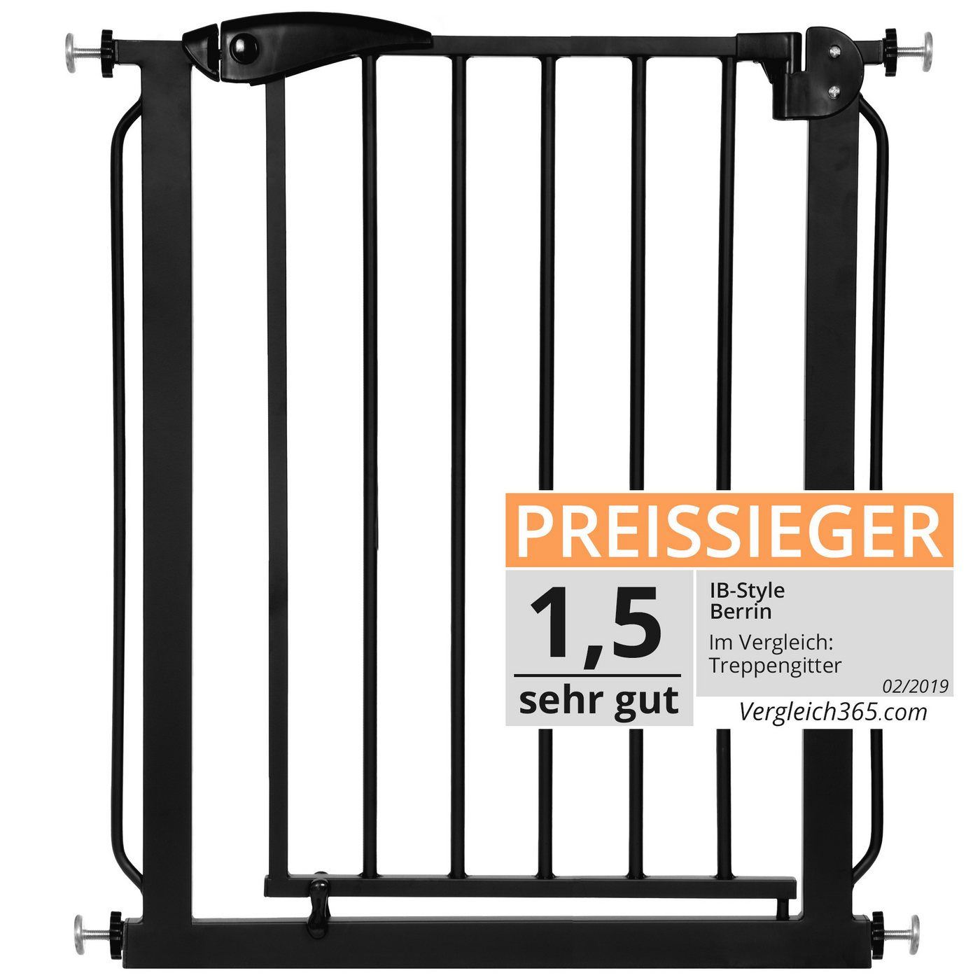 ib style Türschutzgitter Treppengitter Berrin 160-170cm schwarz, Sicherheitsgitter, Ohne Bohren, Zum Klemmen, Auto-Close, 90° Stopp von ib style