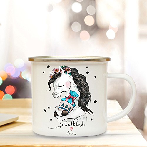 ilka parey wandtattoo-welt Emaille Becher Einschulung Camping Tasse Pferd Pferdchen mit Schultüte Spruch Schulkind & Name Wunschname Kaffeetasse Geschenk eb206 von ilka parey wandtattoo-welt