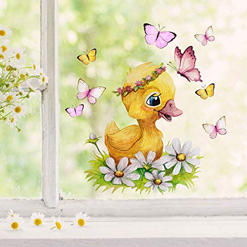 ilka parey wandtattoo-welt Fensterbild Fensterbilder Ente Entchen Blumen Schmetterlinge wiederverwendbar Frühling Fensterdeko bf60 - ausgewählte Farbe: *bunt* ausgewählte Größe: *1. Ente Blümchen* von ilka parey wandtattoo-welt