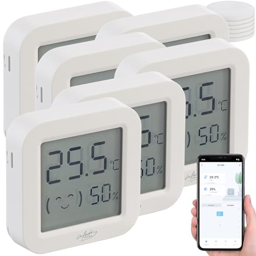 infactory Innenthermometer: 6er-Set Mini-Thermo-/Hygrometer, Komfort-Anzeige, LCD, Bluetooth, App (Zimmer-Thermometer, Wandthermometer, Datenlogger) von infactory