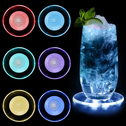 innislink 6er Bunt LED Untersetzer, LED leuchtende untersetzer mit 7 Lichtmodi, acryl Rund wasserdichtes Leuchtuntersetzer, ON/Off Taste Getränke für Gläser Flaschen Partys Hochzeiten Bar Weihnachten von innislink