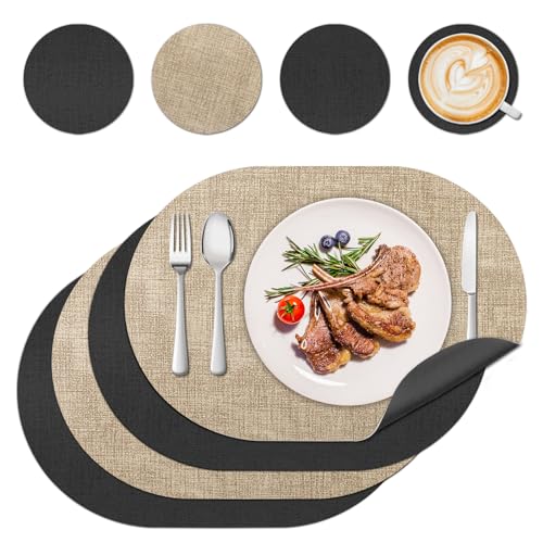 innislink Tischset Leder, 4er Platzsets Abwaschbar mit Untersetzer rutschfest Platzdeckchen Doppelseitigen Tischsets, PU Kunstleder Hitzebeständig für Küche Restaurant - (Schwarz Braun, Elliptisch) von innislink