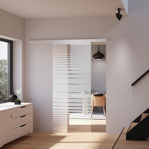 inova Glas-Schiebetür 880 x 2035 mm Streifen Design Alu Komplettset mit Lauf-Schiene und Griffknopf von inova