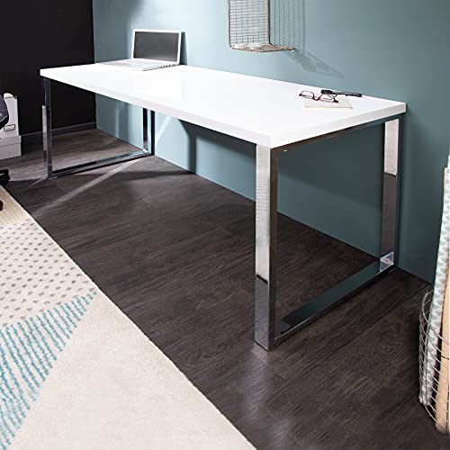 Design Schreibtisch White Desk 140x60 cm Hochglanz Weiß Tisch Chromgestell Bürotisch von Invicta Interior