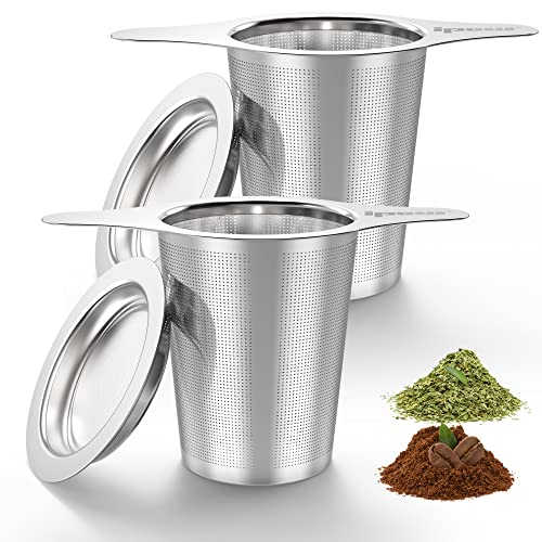 IPOW 2 Stück extra feiner Netz-Kaffeefilter mit Doppelnutzungs-Untersetzerdeckel und doppelseitigem Griff, Mikron Mesh Tee-Ei für losen Tee, geräumiges Schieben, 100% lebensmittelechter Edelstahl von ipow
