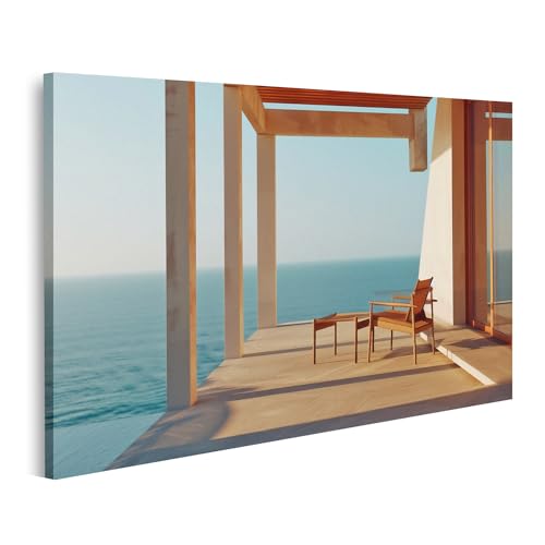 islandburner Prime Bild auf Leinwand Aussicht auf türkisfarbenes Meer von Einer Terrasse mit Holzstühlen dargestellt Wohnzimmer Reisebüro Bilder Wandbilder Poster von islandburner