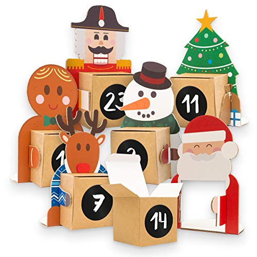 DIY itenga Adventskalender zum Befüllen Weihnachtsbande 24 weihnachtliche Karton Figuren zum Aufstellen mit Box zum Selberbefüllen + Zahlenaufkleber von itenga