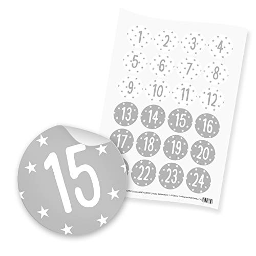 itenga 24x Sticker Zahlen Adventskalender Geschenke Aufkleber Motiv Z36 Sterne - Ziffern von 1 bis 24 Dunkelgrau Weiß von itenga