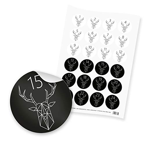 itenga 24x Sticker Zahlen Adventskalender Geschenke Aufkleber Motiv Z48 Rentier linear - Ziffern von 1 bis 24 Schwarz Weiß von itenga