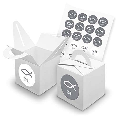 itenga Set Fisch 24x Würfelbox mit Griff inkl Aufkleber Sticker für Gastgeschenke Taufe Kommunion Konfirmation (Grau (mit Text), Karton (Weiß)) von itenga