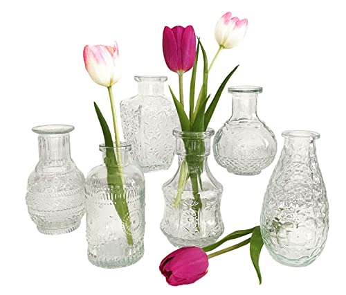 Glasvase Vintage, Mini Vase klar, H: 11,5-14,5 cm (6er Set) - kleine Vase, Blumenvase, Landhaus Vasen, Tischdekoration, Blumendeko, Hochzeit Deko von itsisa
