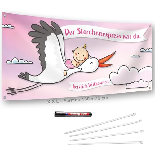 Banner zur Geburt Baby mit Storch I Mädchen I wetterfest I personalisierbar I Set inkl. Kabelbinder & Stift I 160 x 70 cm I Willkommen zuhause I Klapperstorch Deko für draußen & drinnen von iulias Freude schenken!