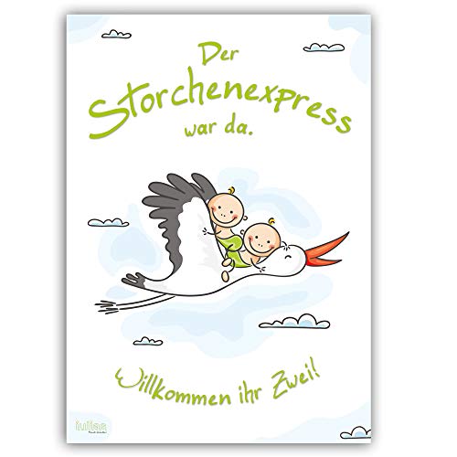 iulias Freude schenken! Poster zur Geburt von Zwillingen | Storch mit Babys | Unisex | großes Plakat 59,4 x 42 cm | Willkommen Babies Begrüßung mit Klapperstorch von iulias Freude schenken!