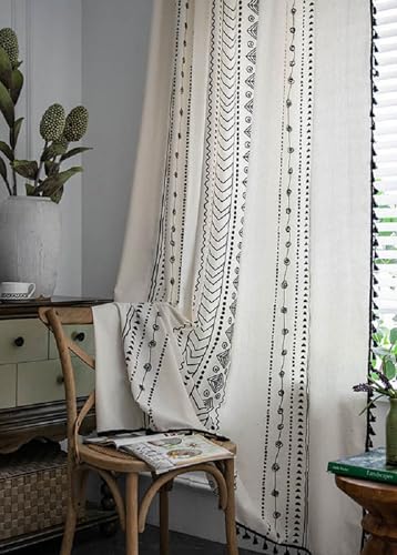 iyoimono Boho Vorhänge Schwarz Geometrisch Vintage Vorhänge Landhausstil Häkeln Stricken Gardinen,Baumwolle Leinen Quaste Transparent Vorhang für Küche Wohnzimmer Schlafzimmer,2 Stück,B150×H260cm von iyoimono