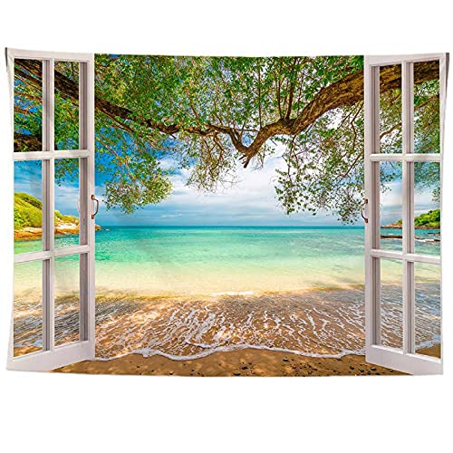 izielad Fenster Meer Strand Baum Landschaft Wandbehang Tapisserie 150X230CM 59X90.5IN von izielad