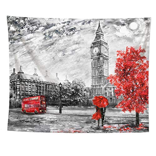 izielad Rote Telefonzelle Big Ben Tapestry auf der Straße von London Wandbehang Grey Cityscape Tapestries für Schlafzimmer Wohnzimmer Schlafsaal Partei Dekor 150X200CM 59X78.7IN von izielad
