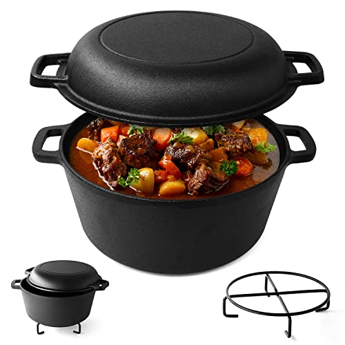 Joejis Dutch Oven 4.7L Pre-Seasoned Cast Iron Pot with 1.75L Multiuse Lid Suitable for Oven & All Hob Types - 2 in 1 Cast Iron Dutch Oven Pot for Bread Making Braising Meat Simmering Stew & More von joeji's Kitchen