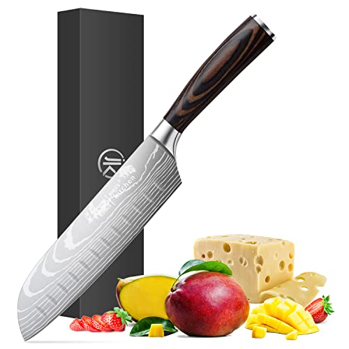 Joeji's Kitchen Santoku Messer aus Edelstahl mit ergonomischem Pakkawood-Griff - Rasiermesserscharfes japanisches Messer Scharfes Küchenmesser ideal zum Würfeln Hacken oder Schneiden von joeji's Kitchen