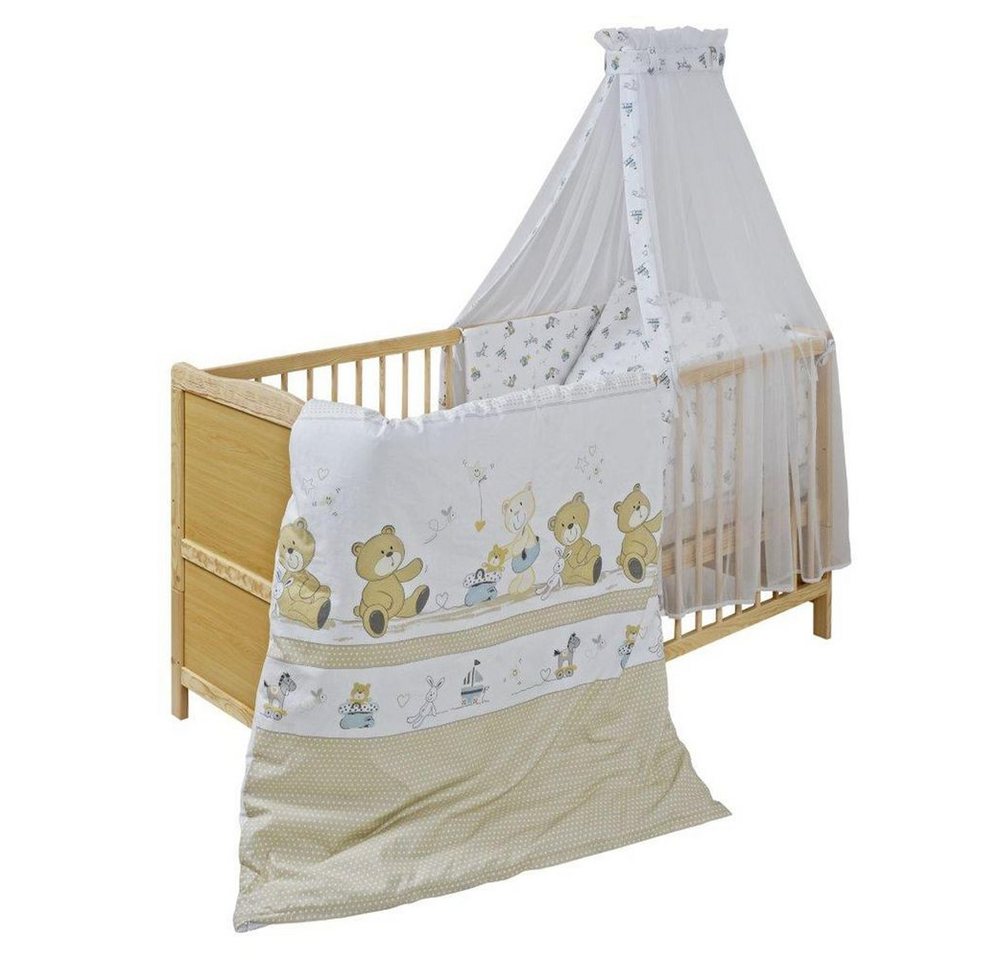 jonka Babybett Leni - Spielbär - Natur, Set inkl. Bettwäsche, Himmel & Matratze 70x140 cm mit Schlupfsprossen von jonka