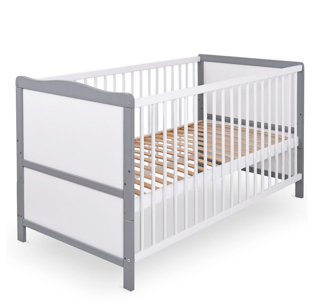 jonka Babybett Moritz - Weiß Grau, Kinderbett 70 x 140 cm - umbaubar zu Juniorbett mit Schlupfsprossen von jonka