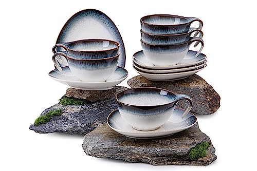 Konsimo Teetassen Set für 6 Personen aus Hartporzellan - 6er Set - TIME DIM Teetasse 350 ml (12-tlg) - Weiß und Blau von k. konsimo.