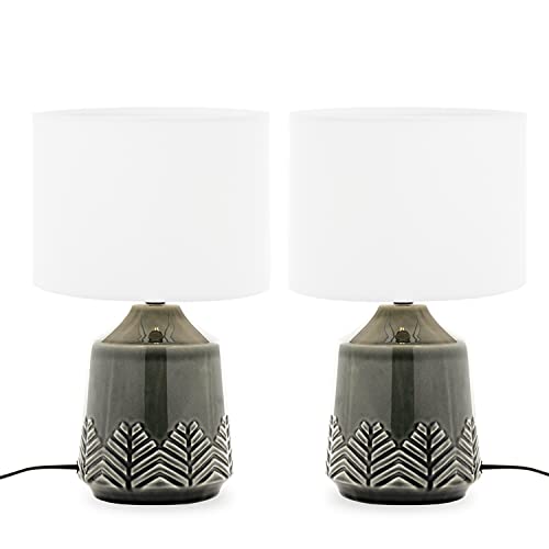 konsimo HYSSO 2er Set Tischlampe - Schreibtischlampe für Wohnzimmer, Schlafzimmer und Flur - Tischleuchten Leselampe - Desk Lamp - Lampen Bürolampe - Grau/Weiß - Keramik und Stoff Table Lamp von k. konsimo.