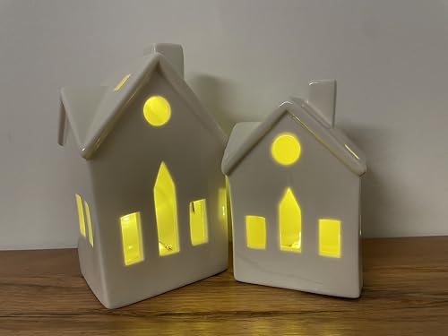 khevga Weihnachtsdekoration Haus Teelicht oder LED aus Keramik 2er Set Weiß (mit LED 2) von khevga