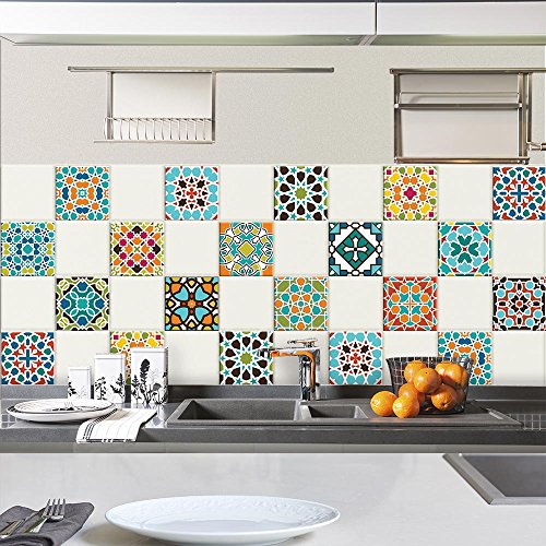 RE-COVERTILES - Fliesenaufkleber Badezimmer und Küche 24 Stck 10x10 cm - PS00102 PVC-Wanddekoration Wasserdicht Fliesen Mosaik Stil Azulejos-Zementfliesen von RE-COVERTILES