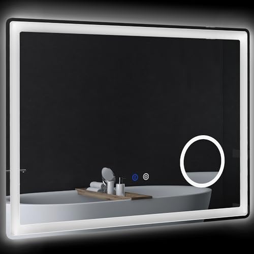 kleankin LED Badezimmerspiegel, Badspiegel mit 3X Vergrößerung, 80 x 60 cm Wandspiegel mit Touch-Funktion, Memory-Funktion, beschlagfreier Lichtspiegel mit 3 Lichtfarben von kleankin
