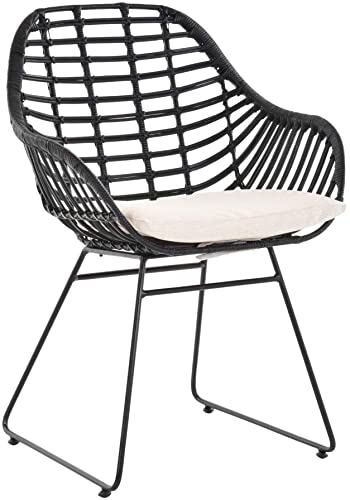 Korb-Sessel Retro-Stil Rattan Club-Sessel 50er Eisen-Gestell Korbstuhl mit Armlehne (Schwarz mit Kissen) von Korb-Outlet