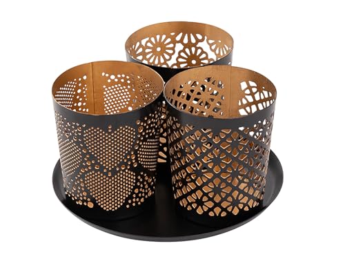 Kerzenhalter 3er Set Kerzenständer Kreta Teelichthalter rund schwarz Gold von kreatives Wohnen