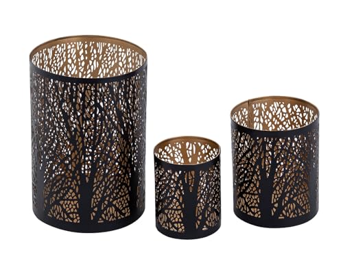 Windlicht 3er Set Kerzenständer Forest Teelichthalter rund schwarz Gold von kreatives Wohnen