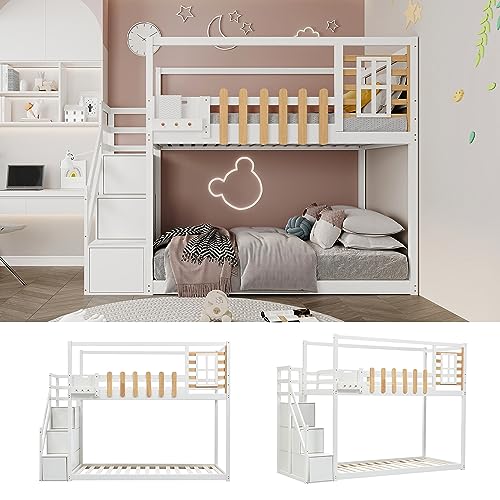 kubeier Hochbett Kinderbett mit Treppe, Funktionsbett Etagenbett Stockbett mit 3 Schließfächer in der Treppe, Absturzsicherung Doppelstockbett - Jugendbett - Kiefer - 90x200cm von kubeier