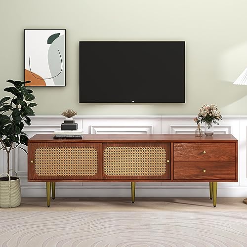 kubeier TV Lowboard Vintage Fernsehschrank 160 cm für 55 65 Zoll Fernseher, TV Schrank Holz mit Rattan-Schiebetüren und praktischen Schubladen, Fernsehtisch für Wohnzimmer Büro, Walnuss von kubeier