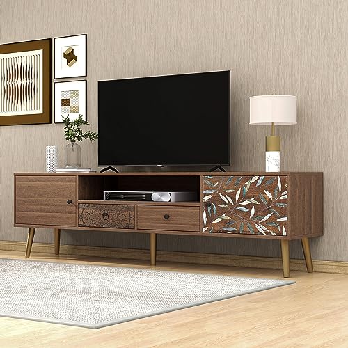 kubeier TV Lowboard Vintage Fernsehschrank 180 cm TV- Bank Sideboard Lowboard Wohnwand mit 2 Türen, 2 Schubladen, Landhaus-Design, Goldene Füße Lowboard mit Aufdruck von kubeier