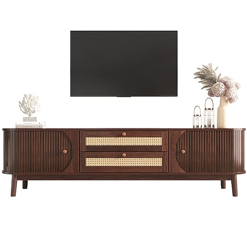 kubeier TV-Schrank 170 cm, TV-Lowboard im modernen Stil, TV-Schränke, TV-Lowboard Natürlicher Holz-Blend TV-Schrank mit Türen und Schubladen, TV-Ständer mit Rattanseiten von kubeier