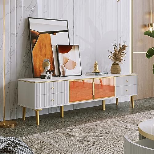 kubeier TV Schrank TV Board Wohnzimmer TV Lowboard mit Goldenen Griffen und Zwei Braune Türen aus Gehärtetem Glas, Fernsehtisch Modernes TV-Lowboard für Wohnzimmer von kubeier