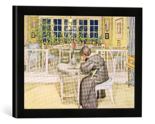 Gerahmtes Bild von Carl Larsson "The Evening Before the Journey to England - Study Room, pub. in 'Lasst Licht Hinin', 1909", Kunstdruck im hochwertigen handgefertigten Bilder-Rahmen, 40x30 cm, Schwarz matt von kunst für alle
