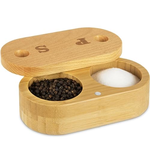 Salz- und Pfefferschale aus natürlichem Bambus, Salzkeller und Aufbewahrungsbox mit zwei Fächern, magnetischer Drehdeckel, für Küche und Büro von laboos
