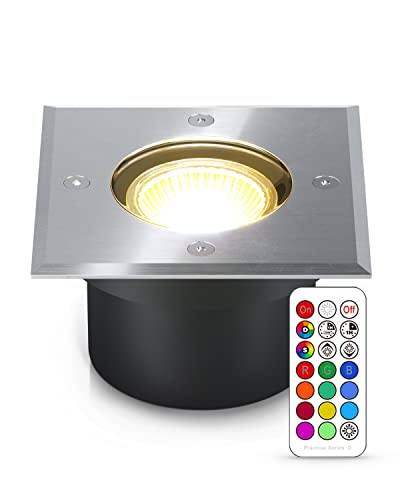 lambado® Flacher LED Bodenstrahler für Aussen mit RGB Farbwechsel dimmbar inkl. Fernbedienung - Eckige Bodenleuchte/Bodeneinbaustrahler IP67 aus Edelstahl - Befahrbar & Wasserdicht von lambado