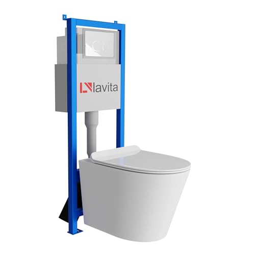 Lavita LAV 101 Vorwandelement für WC 40cm + Wand Hänge Tiefspül WC GALVE Weiß Spülrandlos + Bedienplatte LAV 200.4.1 Weiß | Komplettset | Unterputz Spülkasten | Toilette Komplett Sett von lavita