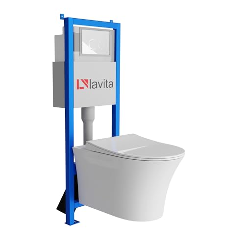 Lavita LAV 101 Vorwandelement für WC 40cm + Wand Hänge Tiefspül WC LIVIA Weiß Spülrandlos + Bedienplatte LAV 200.4.1 Weiß | Komplettset | Unterputz Spülkasten | Toilette Komplett Sett von lavita