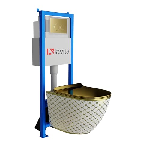 Lavita LAV 101 Vorwandelement für WC 40cm + Wand Hänge Tiefspül WC SOFI SLIM CHECKED GOLD Spülrandlos + Bedienplatte LAV 200.4.5 Gold | Komplettset | Unterputz Spülkasten | Toilette Komplett Sett von lavita