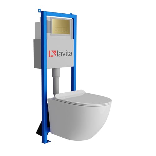 Lavita LAV 101 Vorwandelement für WC 40cm + Wand Hänge Tiefspül WC SOFI SLIM Weiß Matt Spülrandlos + Bedienplatte LAV 200.3.5 Gold | Komplettset | Unterputz Spülkasten | Toilette Komplett Sett von lavita