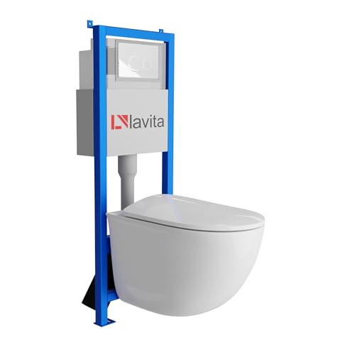 Lavita LAV 101 Vorwandelement für WC 40cm + Wand Hänge Tiefspül WC VITO Weiß Spülrandlos + Bedienplatte LAV 200.4.1 Weiß | Komplettset | Unterputz Spülkasten | Toilette Komplett Sett von lavita