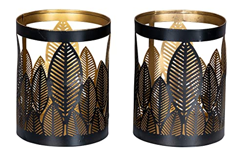 2er Set Windlicht 10x13cm Schwarz Gold Metall Teelichthalter Blattdekor Blumendekor Tischdeko Industrial Kerzenhalter von levandeo